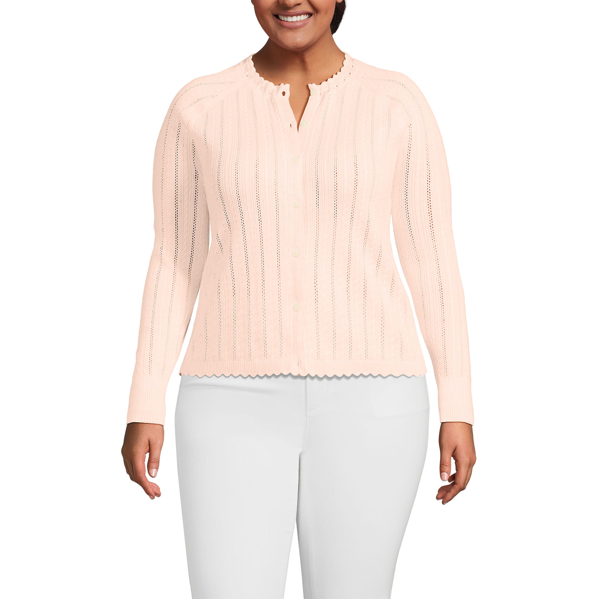 Women's Plus Size Cotton Pointelle Satin Trim Cardigan Sweater