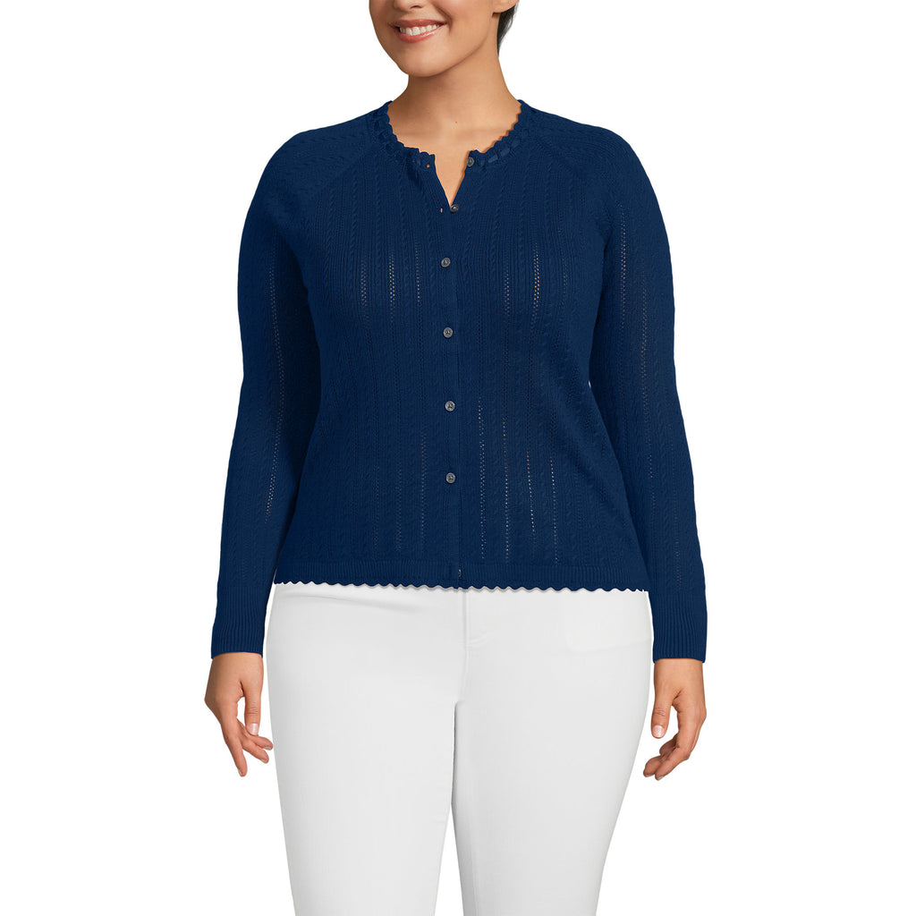 Women's Plus Size Cotton Pointelle Satin Trim Cardigan Sweater