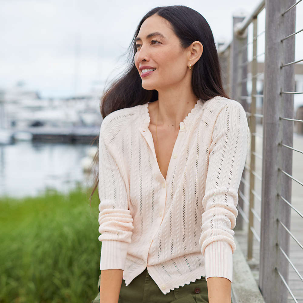 Women's Cotton Pointelle Satin Trim Cardigan Sweater