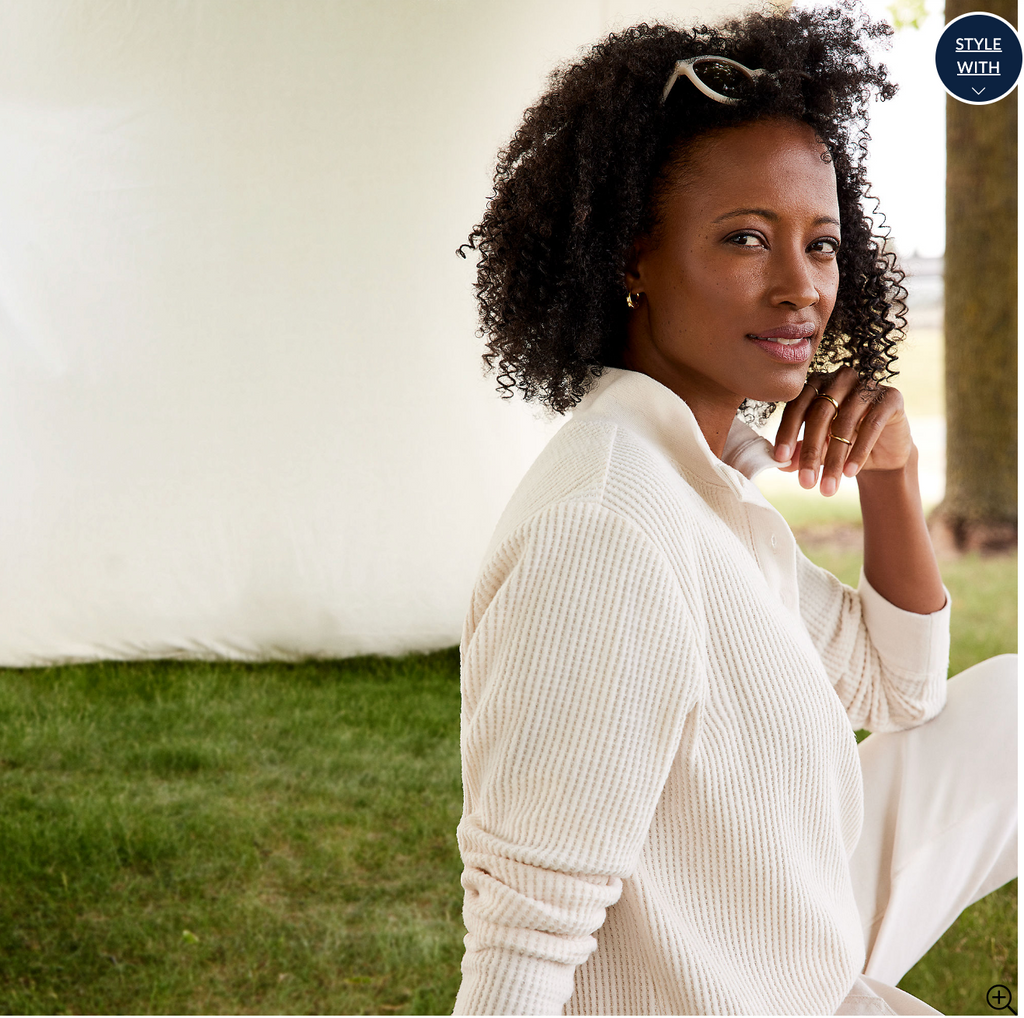 Women's Long Sleeve Waffle Knit Button Placket Top