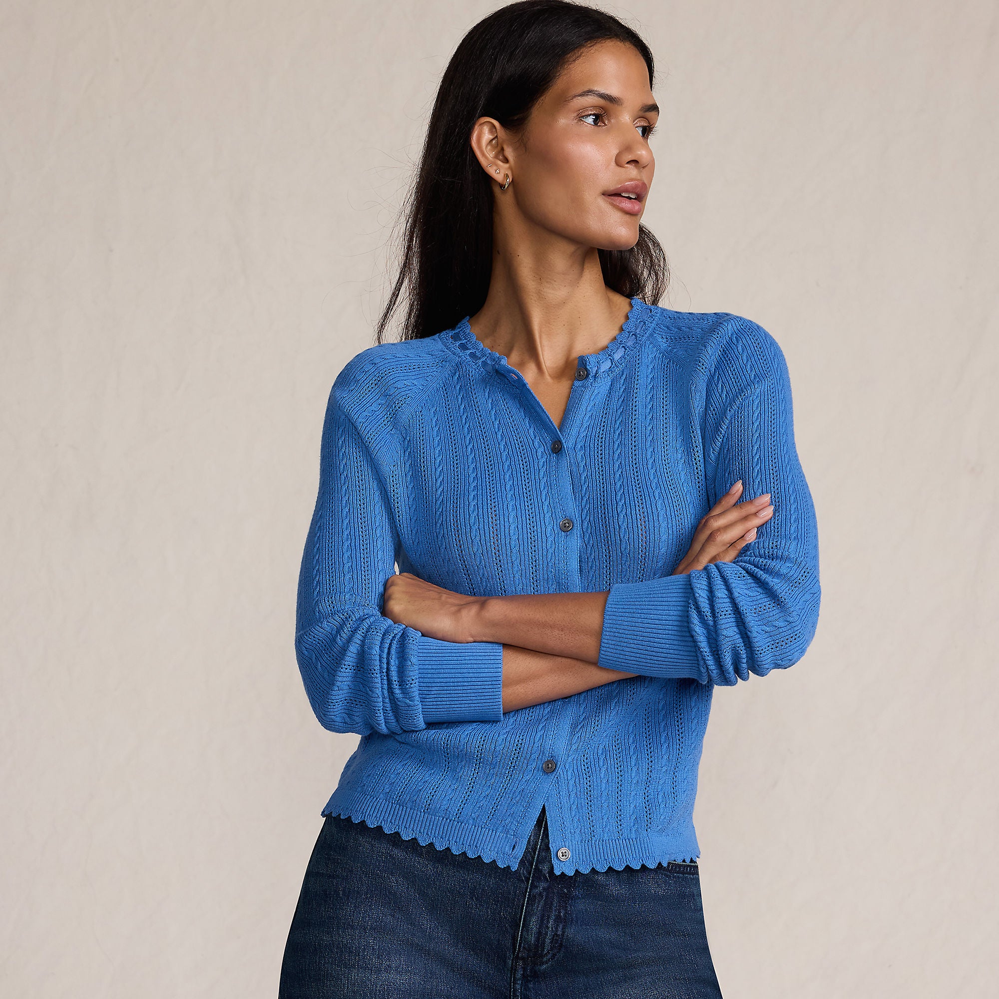 Women's Cotton Pointelle Satin Trim Cardigan Sweater