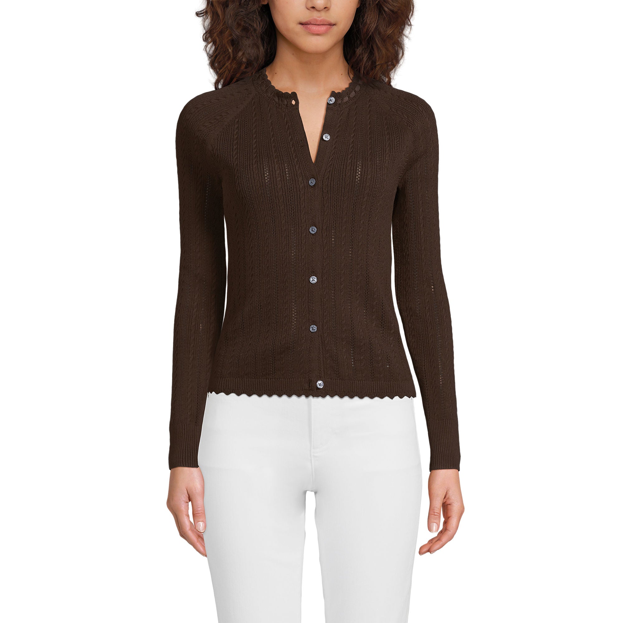 Women's Cotton Pointelle Satin Trim Cardigan Sweater